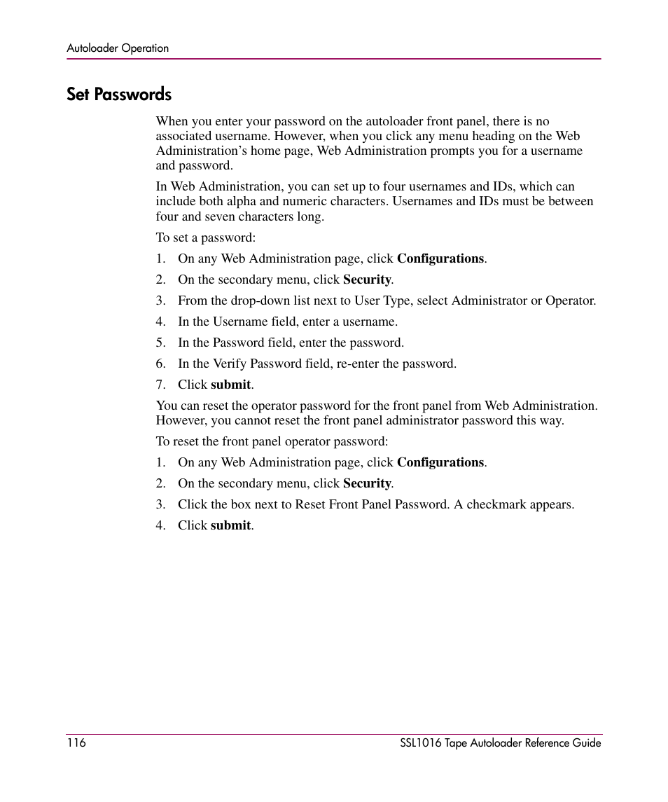 Set passwords | HP STORAGEWORKS SSL1016 User Manual | Page 116 / 160