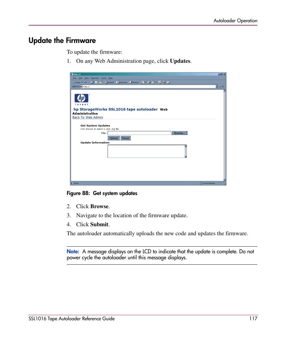 Update the firmware | HP STORAGEWORKS SSL1016 User Manual | Page 117 / 160