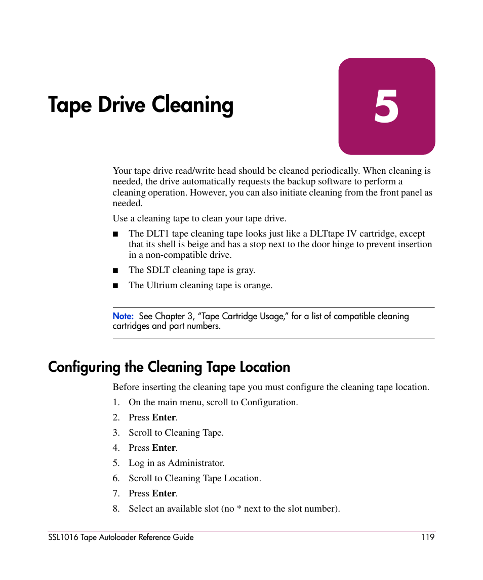Tape drive cleaning, Configuring the cleaning tape location, 5 tape drive cleaning | HP STORAGEWORKS SSL1016 User Manual | Page 119 / 160