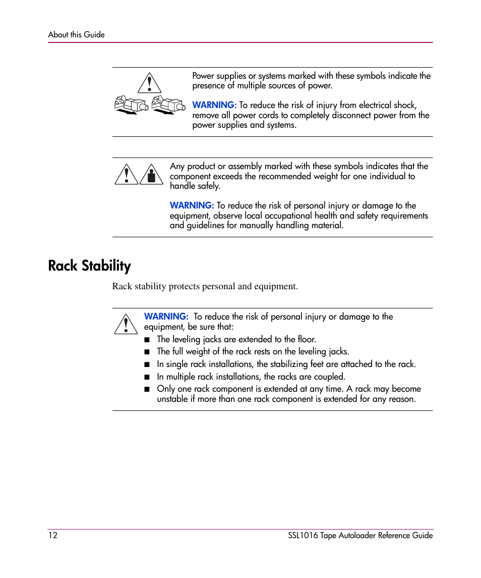 Rack stability | HP STORAGEWORKS SSL1016 User Manual | Page 12 / 160