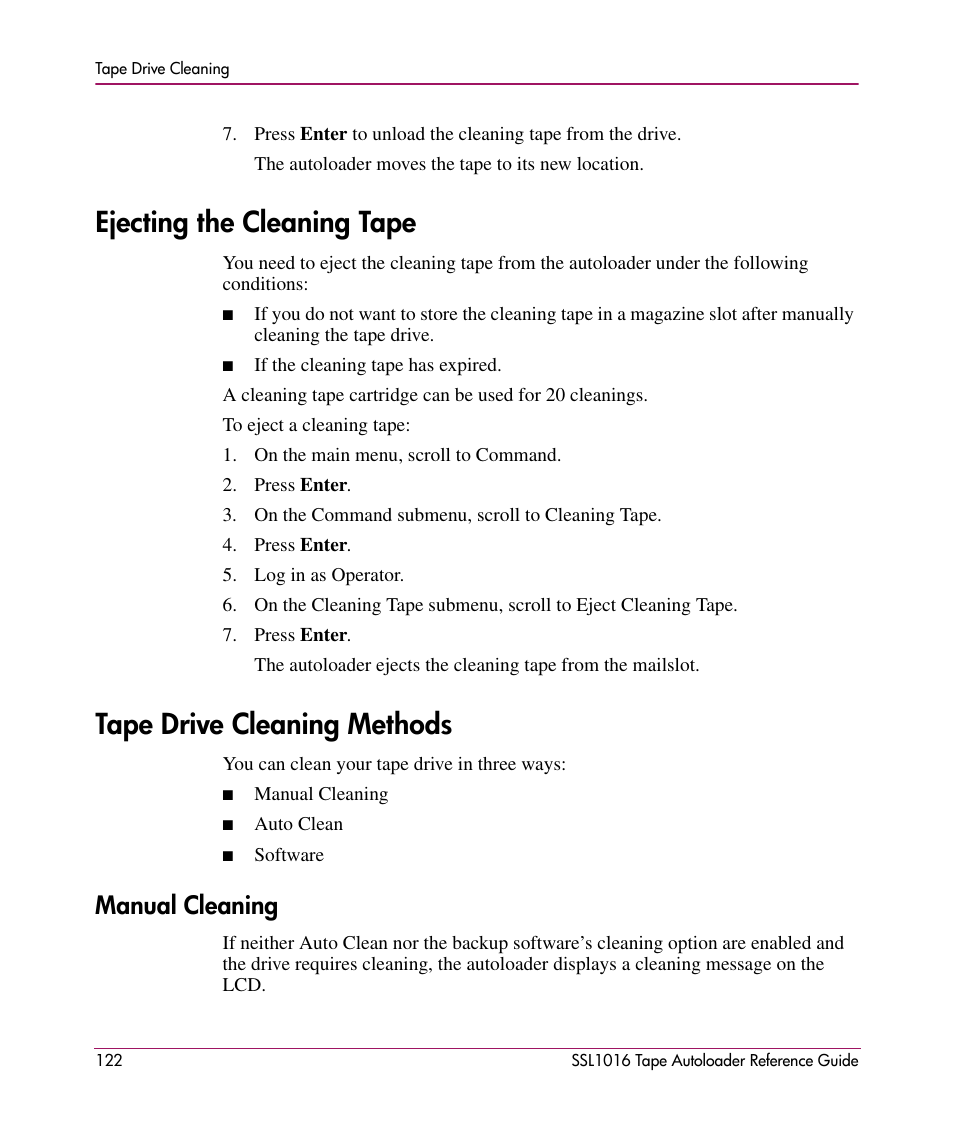 Ejecting the cleaning tape, Tape drive cleaning methods, Manual cleaning | HP STORAGEWORKS SSL1016 User Manual | Page 122 / 160