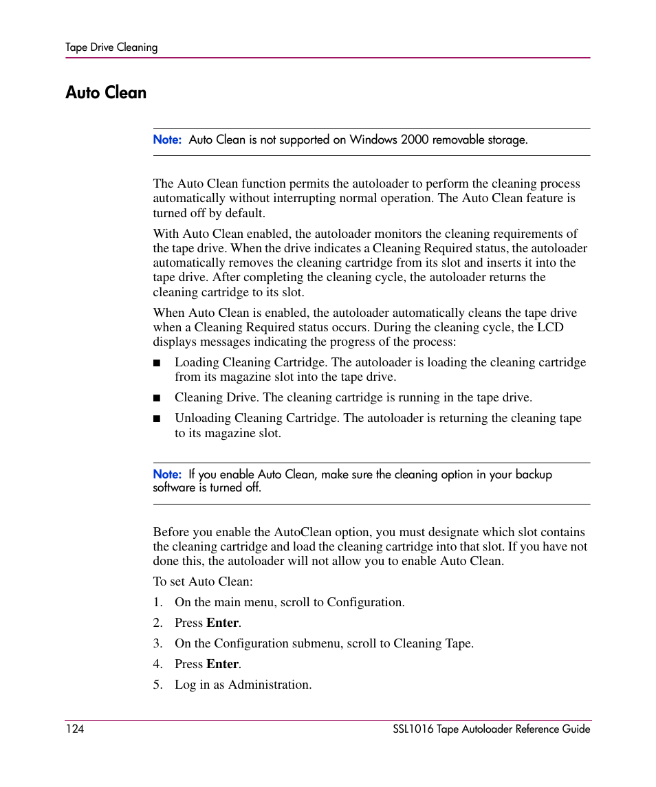 Auto clean | HP STORAGEWORKS SSL1016 User Manual | Page 124 / 160