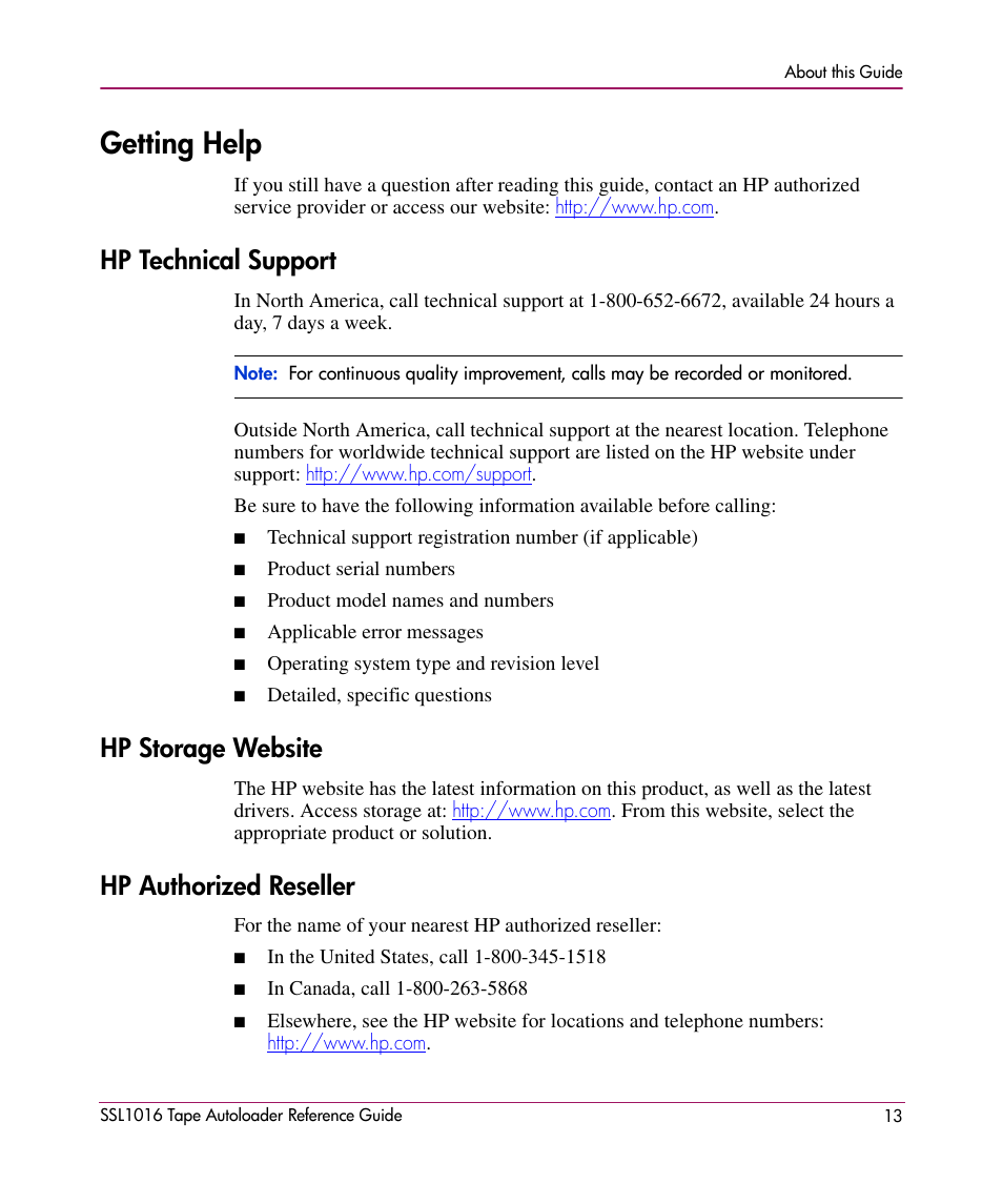 Getting help, Hp technical support, Hp storage website | Hp authorized reseller | HP STORAGEWORKS SSL1016 User Manual | Page 13 / 160