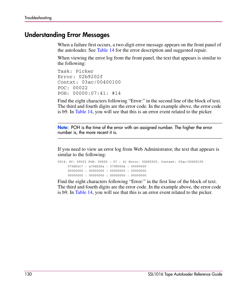 Understanding error messages | HP STORAGEWORKS SSL1016 User Manual | Page 130 / 160