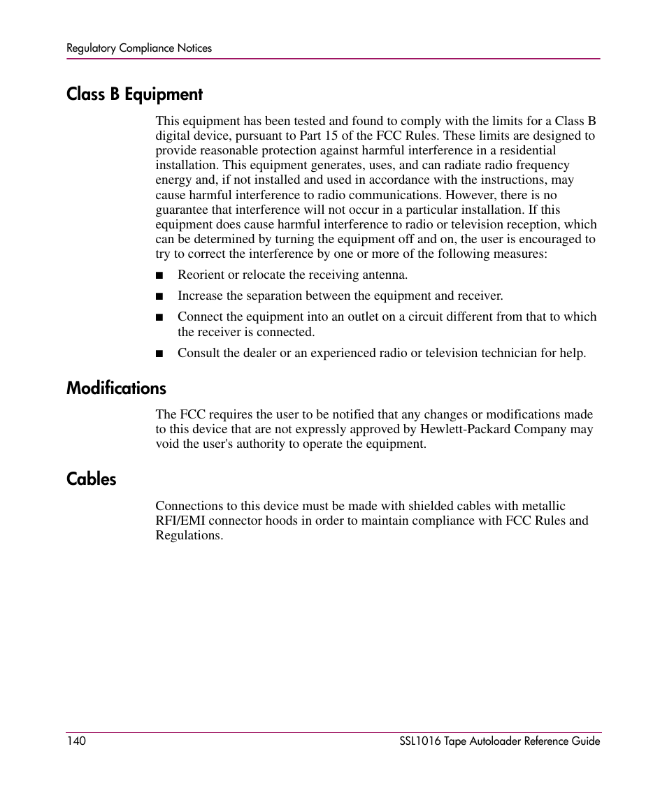 Class b equipment, Modifications, Cables | Class b equipment modifications cables | HP STORAGEWORKS SSL1016 User Manual | Page 140 / 160