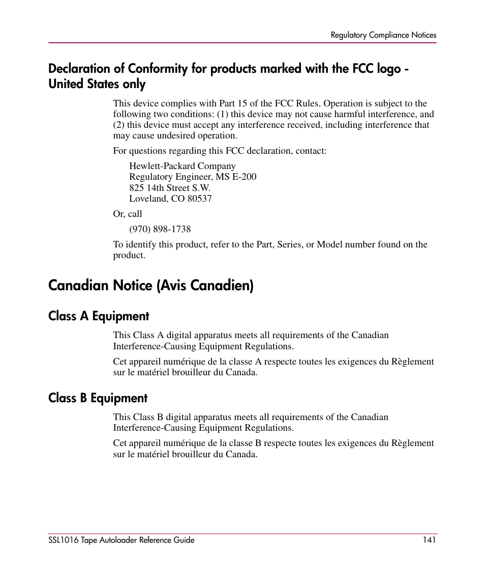 Canadian notice (avis canadien), Class a equipment, Class b equipment | Class a equipment class b equipment | HP STORAGEWORKS SSL1016 User Manual | Page 141 / 160