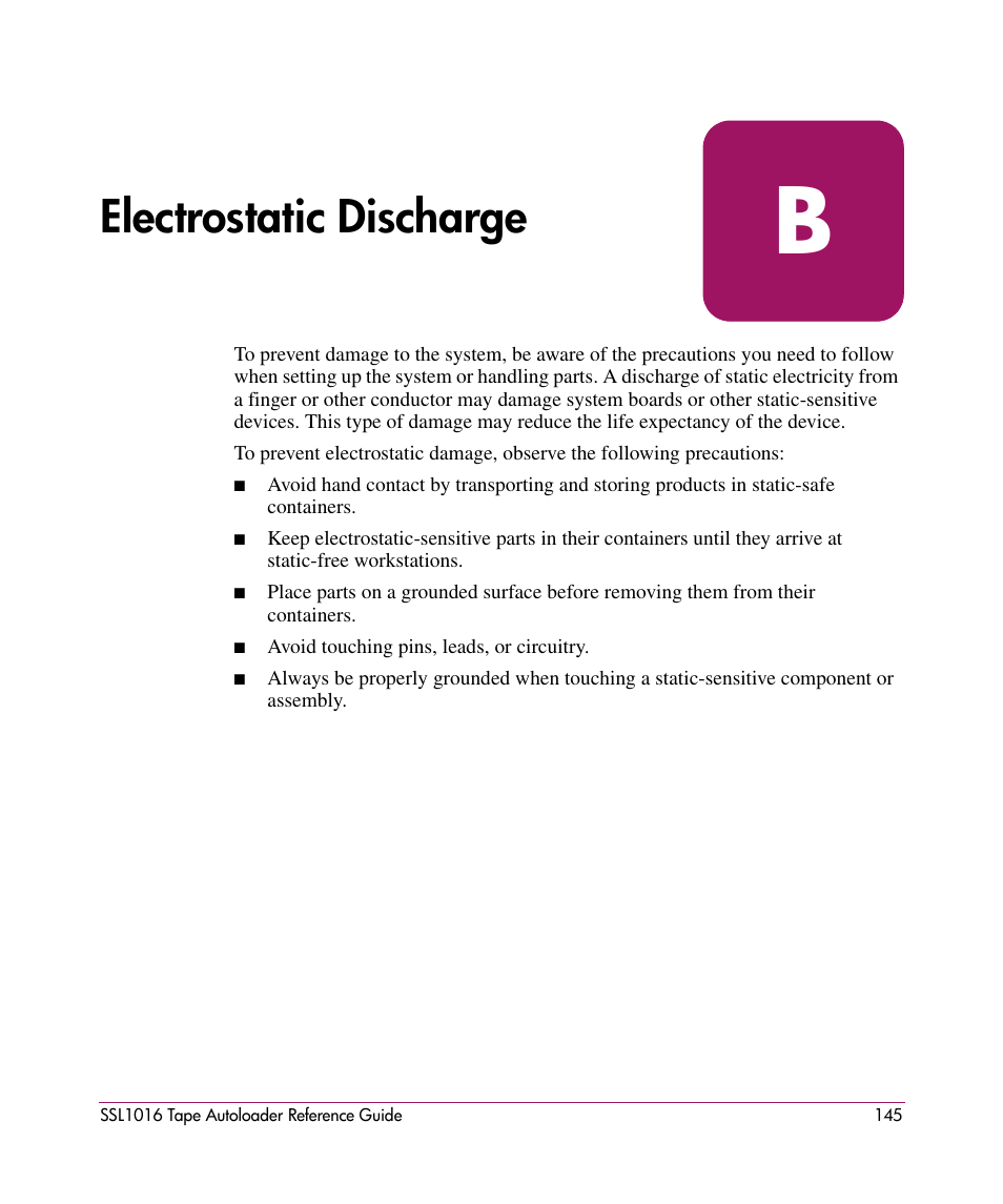 Electrostatic discharge, B electrostatic discharge | HP STORAGEWORKS SSL1016 User Manual | Page 145 / 160