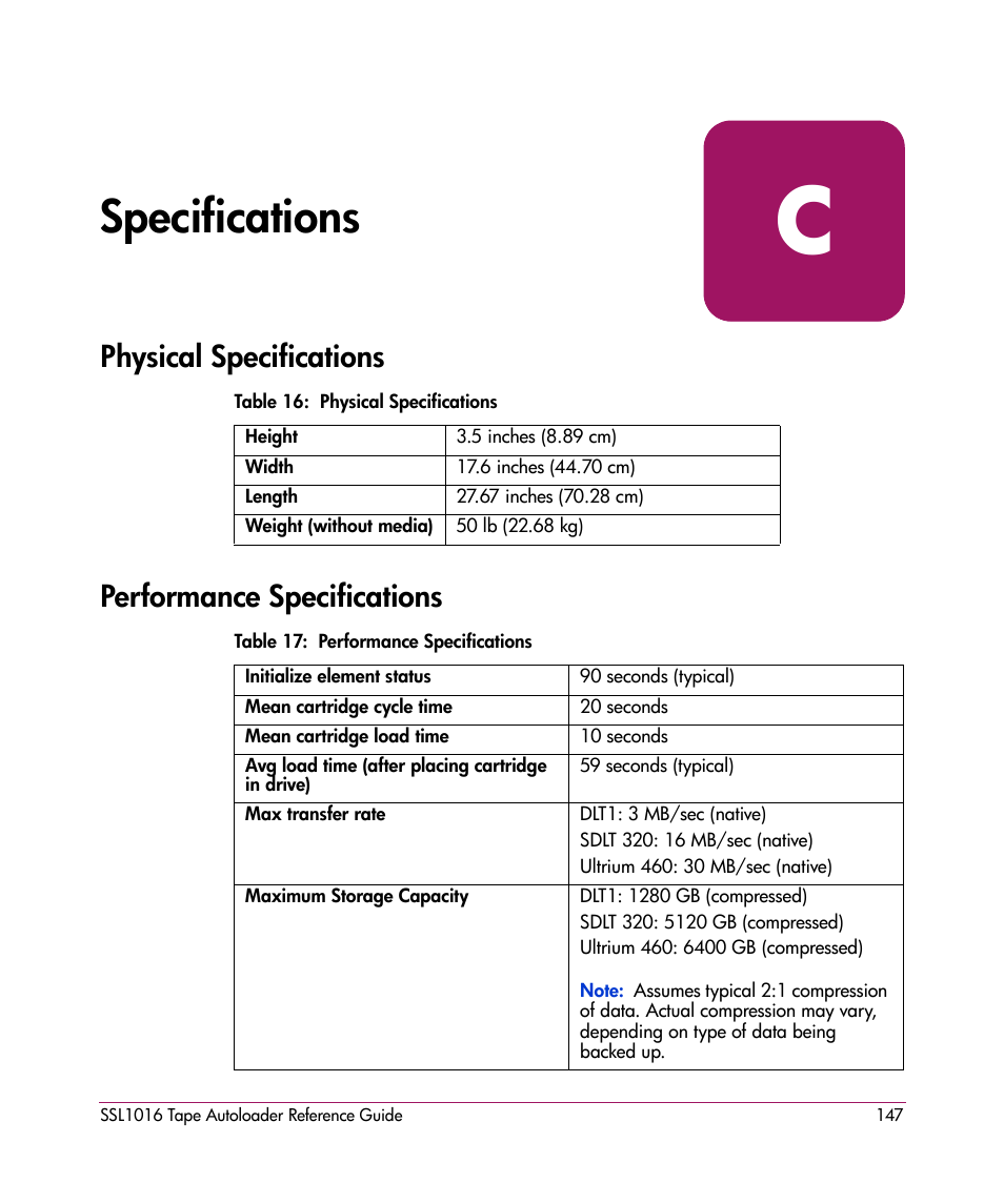 Specifications, Physical specifications, Performance specifications | C specifications, Physical specifications performance specifications | HP STORAGEWORKS SSL1016 User Manual | Page 147 / 160