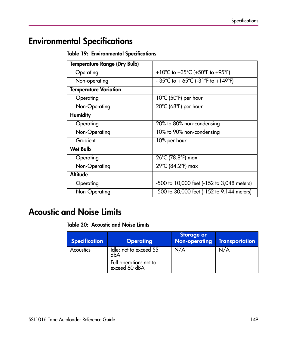 Environmental specifications, Acoustic and noise limits | HP STORAGEWORKS SSL1016 User Manual | Page 149 / 160