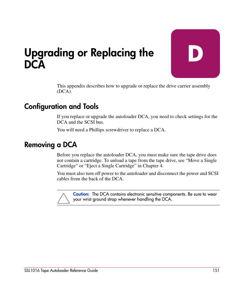 Upgrading or replacing the dca, Configuration and tools, Removing a dca | D upgrading or replacing the dca, Configuration and tools removing a dca | HP STORAGEWORKS SSL1016 User Manual | Page 151 / 160