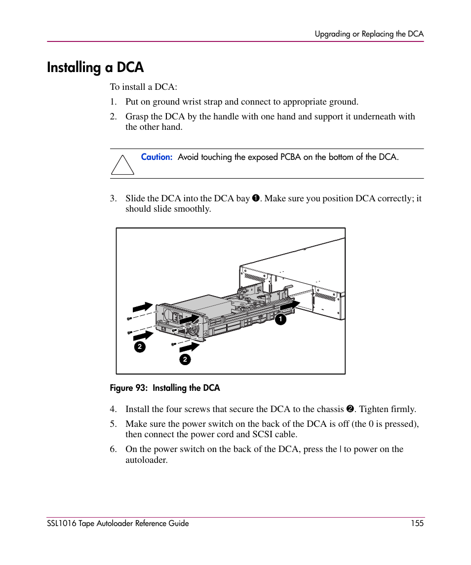 Installing a dca | HP STORAGEWORKS SSL1016 User Manual | Page 155 / 160