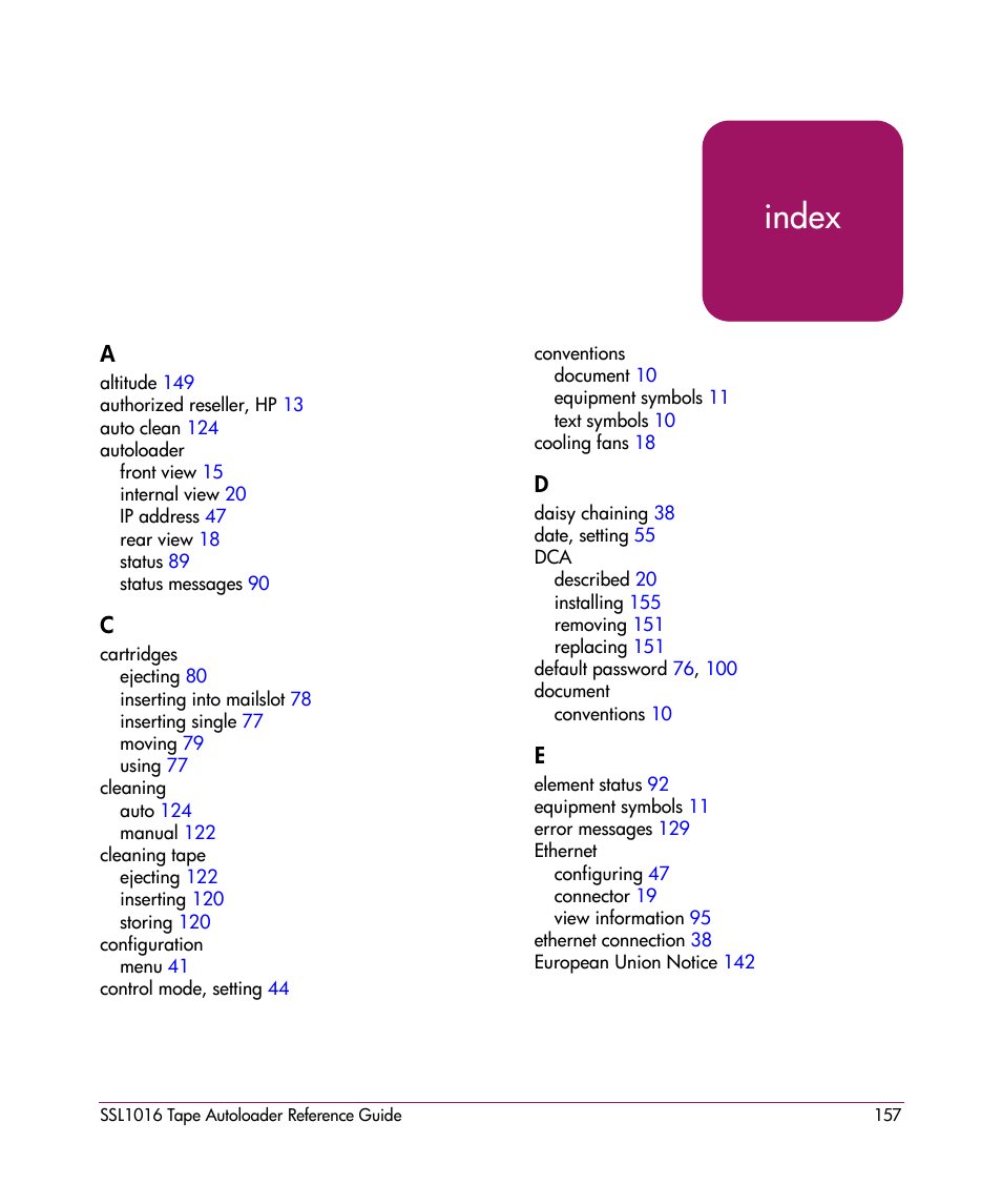 Index, Index index | HP STORAGEWORKS SSL1016 User Manual | Page 157 / 160