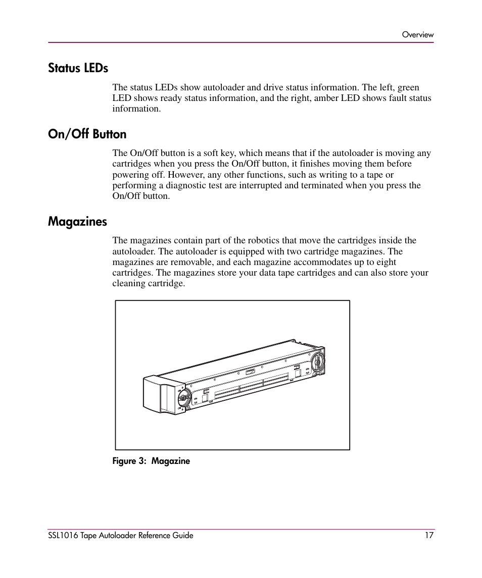 Status leds, On/off button, Magazines | Status leds on/off button magazines | HP STORAGEWORKS SSL1016 User Manual | Page 17 / 160