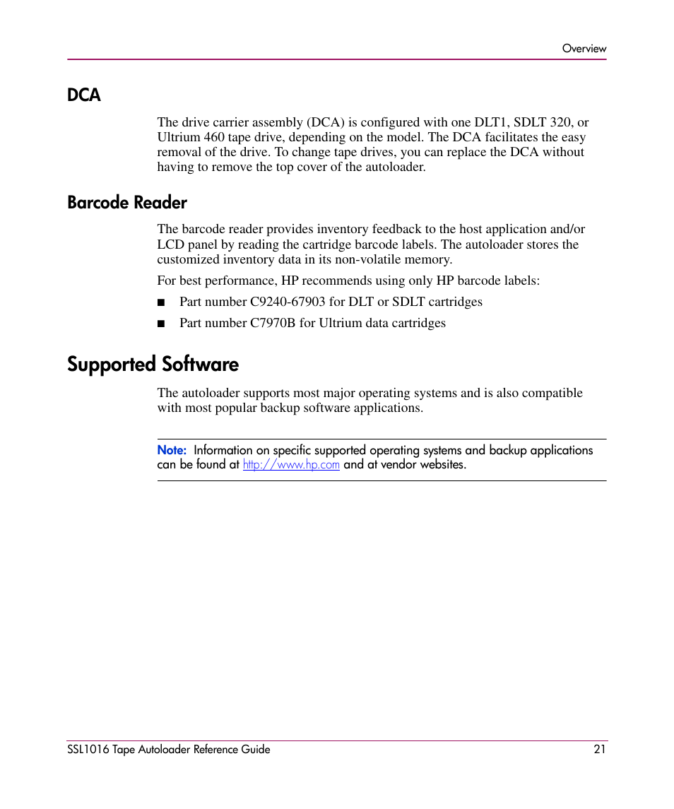 Barcode reader, Supported software, Dca barcode reader | HP STORAGEWORKS SSL1016 User Manual | Page 21 / 160