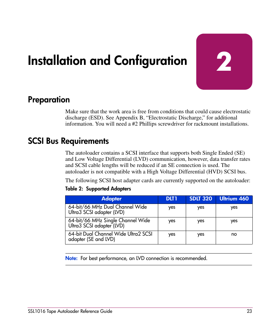 Installation and configuration, Preparation, Scsi bus requirements | 2 installation and configuration, Preparation scsi bus requirements | HP STORAGEWORKS SSL1016 User Manual | Page 23 / 160