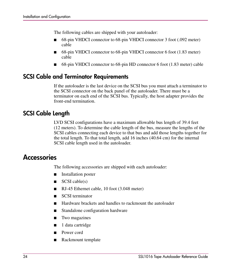 Scsi cable and terminator requirements, Scsi cable length, Accessories | HP STORAGEWORKS SSL1016 User Manual | Page 24 / 160