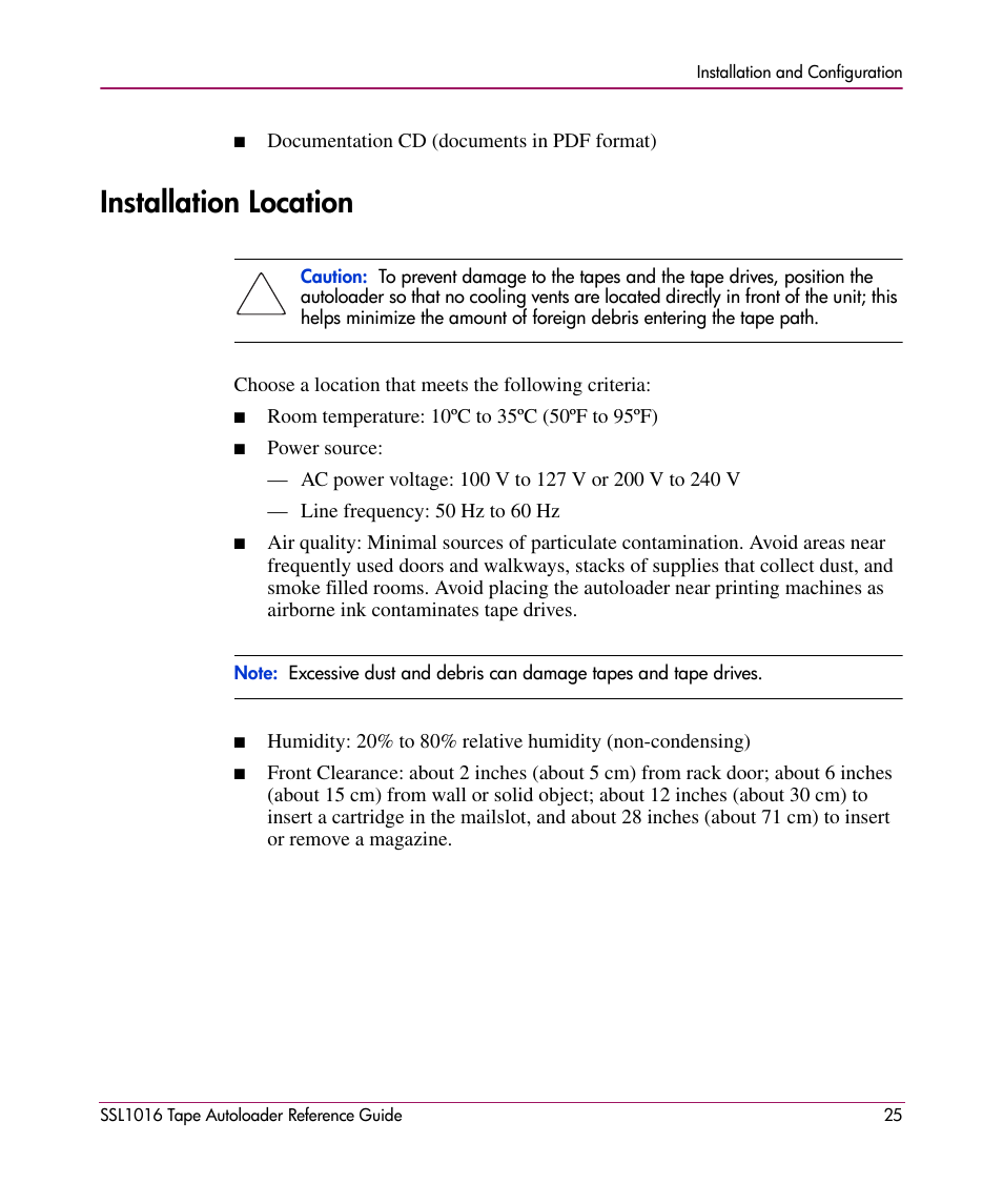 Installation location | HP STORAGEWORKS SSL1016 User Manual | Page 25 / 160