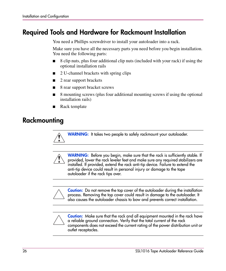 Rackmounting | HP STORAGEWORKS SSL1016 User Manual | Page 26 / 160