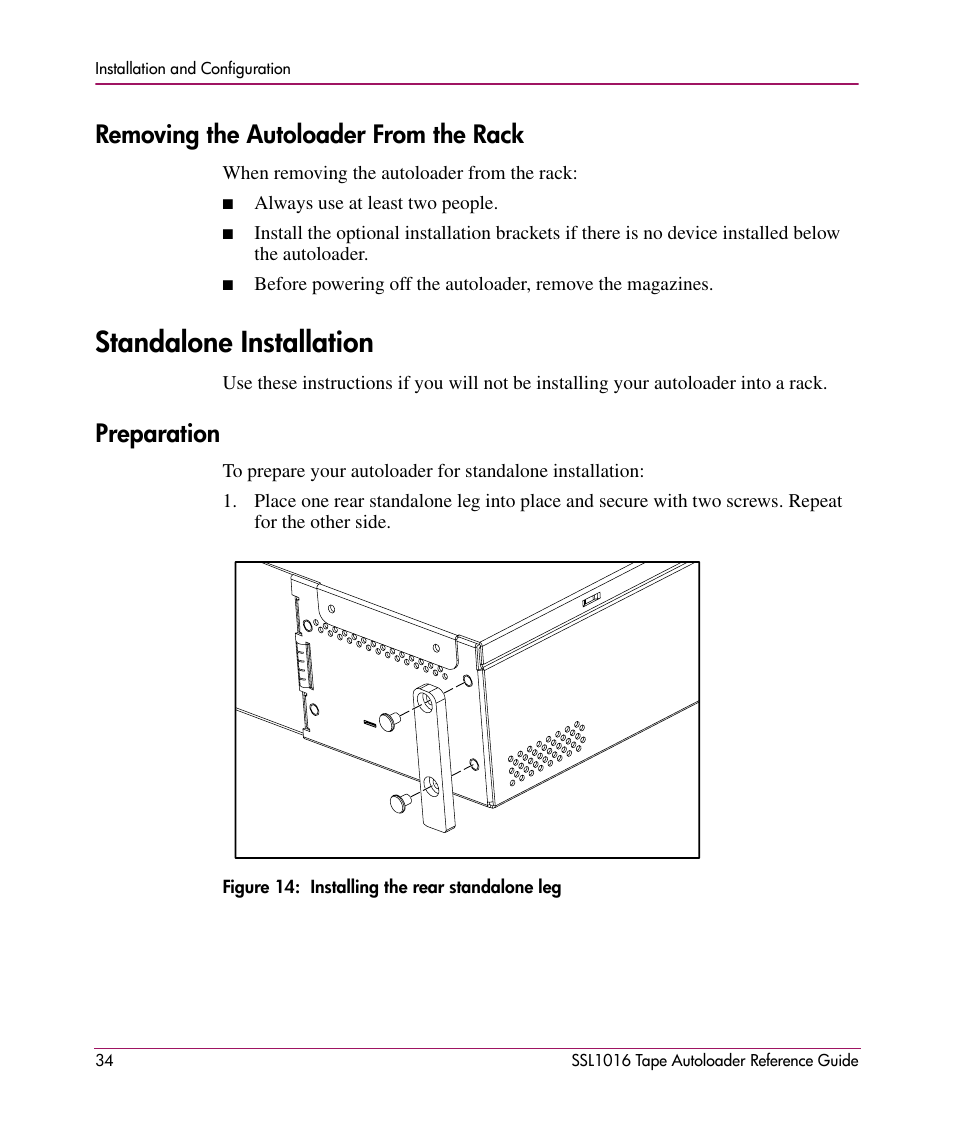 Removing the autoloader from the rack, Standalone installation, Preparation | HP STORAGEWORKS SSL1016 User Manual | Page 34 / 160