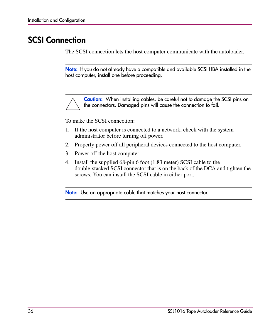 Scsi connection | HP STORAGEWORKS SSL1016 User Manual | Page 36 / 160