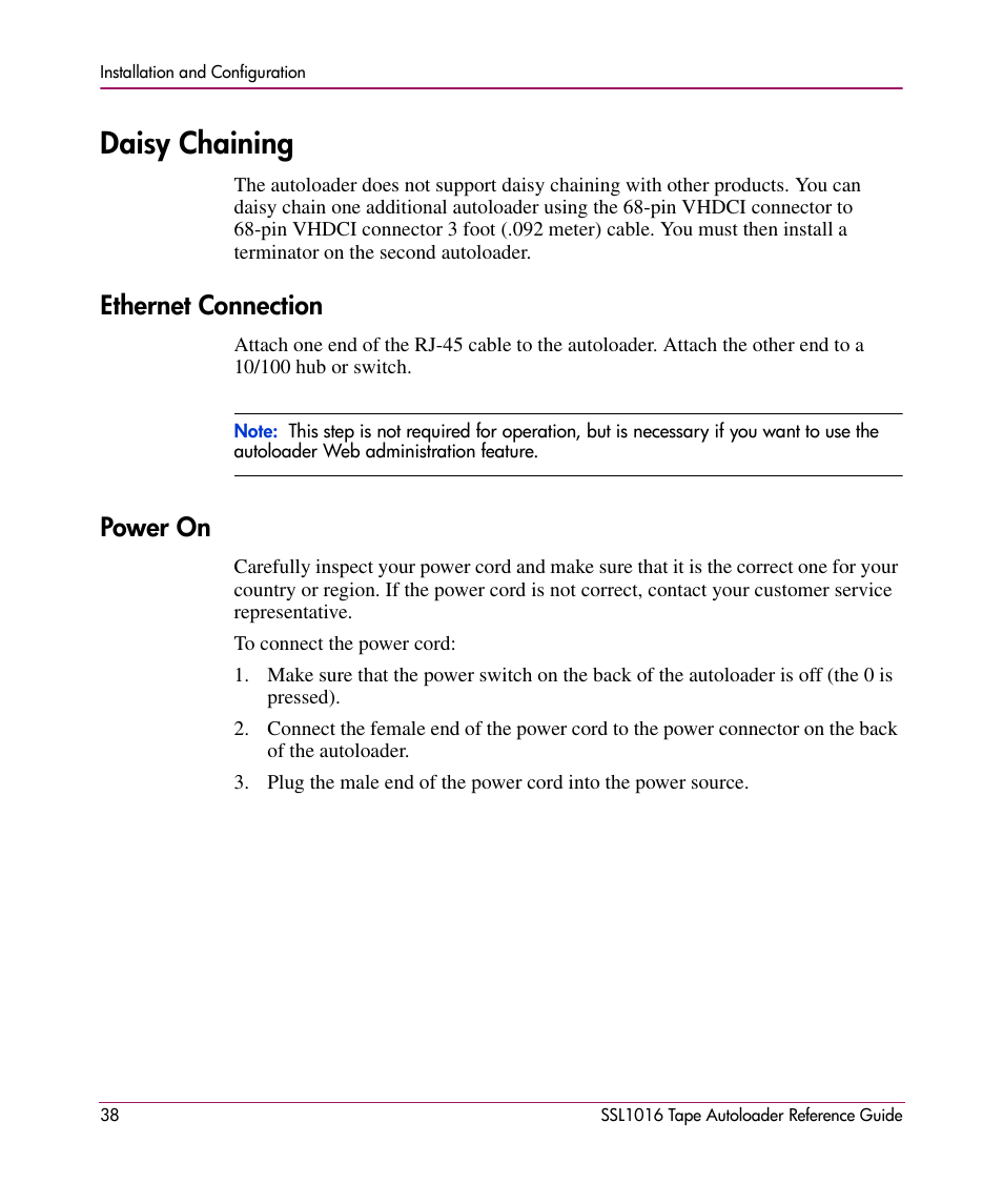 Daisy chaining, Ethernet connection, Power on | Ethernet connection power on | HP STORAGEWORKS SSL1016 User Manual | Page 38 / 160