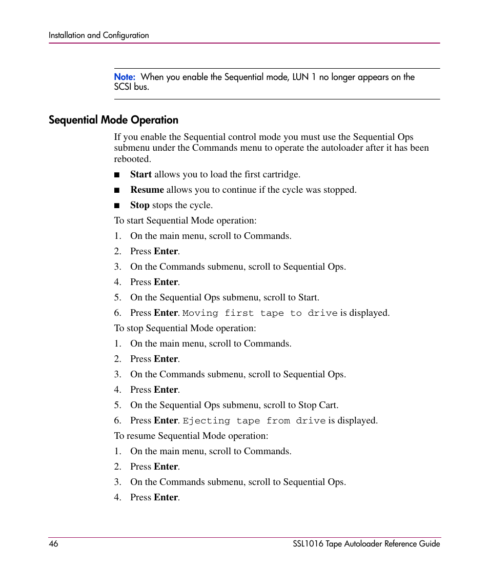 Sequential mode operation | HP STORAGEWORKS SSL1016 User Manual | Page 46 / 160