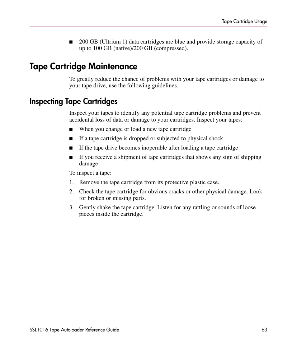 Tape cartridge maintenance, Inspecting tape cartridges | HP STORAGEWORKS SSL1016 User Manual | Page 63 / 160