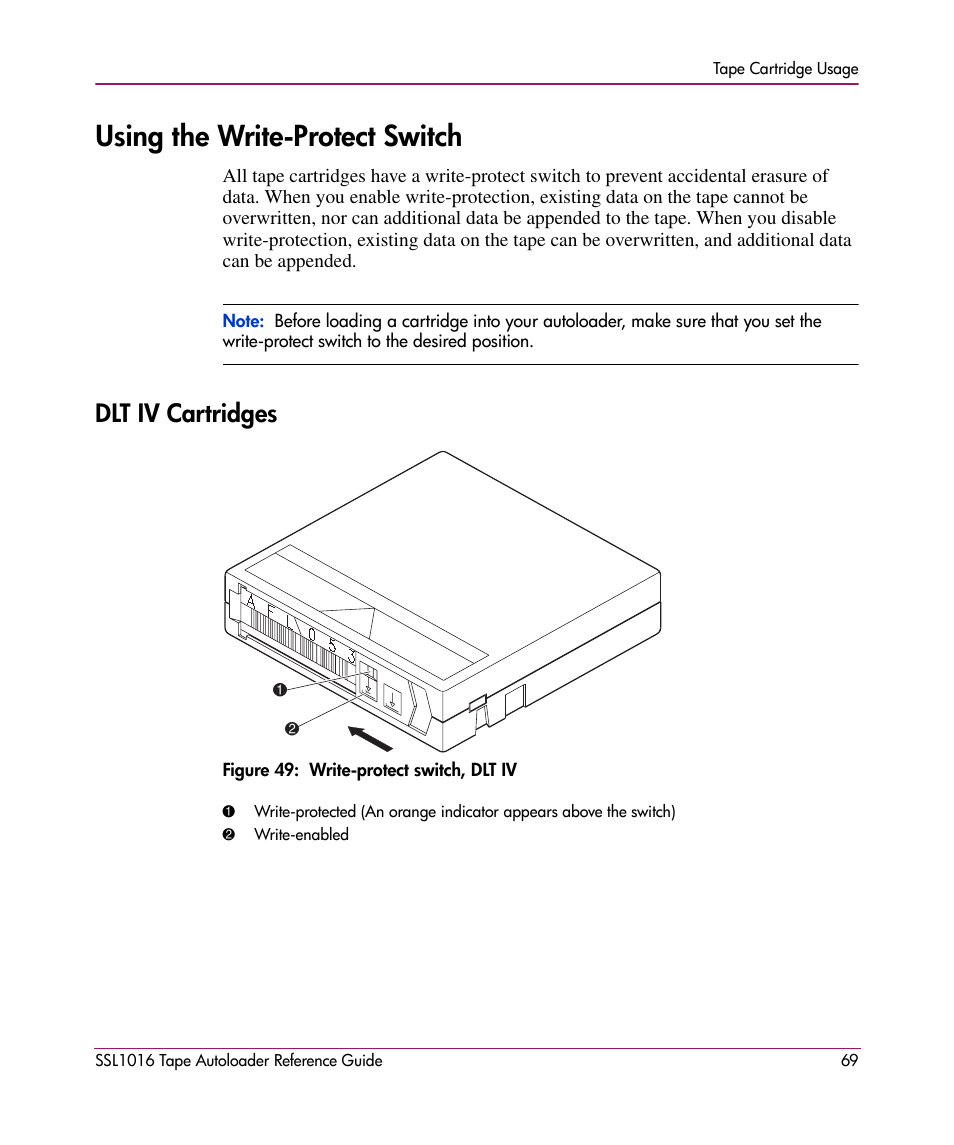 Using the write-protect switch, Dlt iv cartridges | HP STORAGEWORKS SSL1016 User Manual | Page 69 / 160