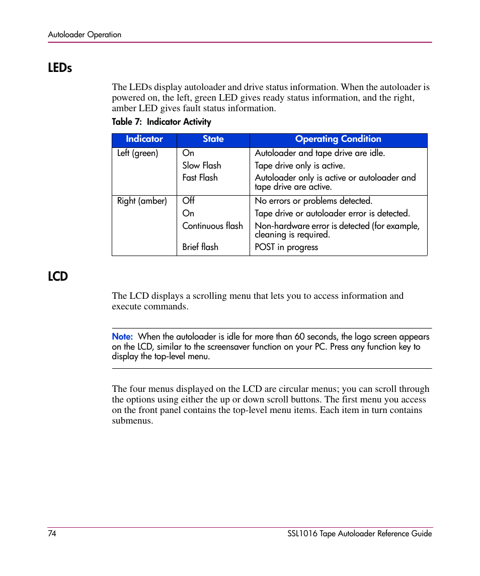 Leds, Leds lcd | HP STORAGEWORKS SSL1016 User Manual | Page 74 / 160