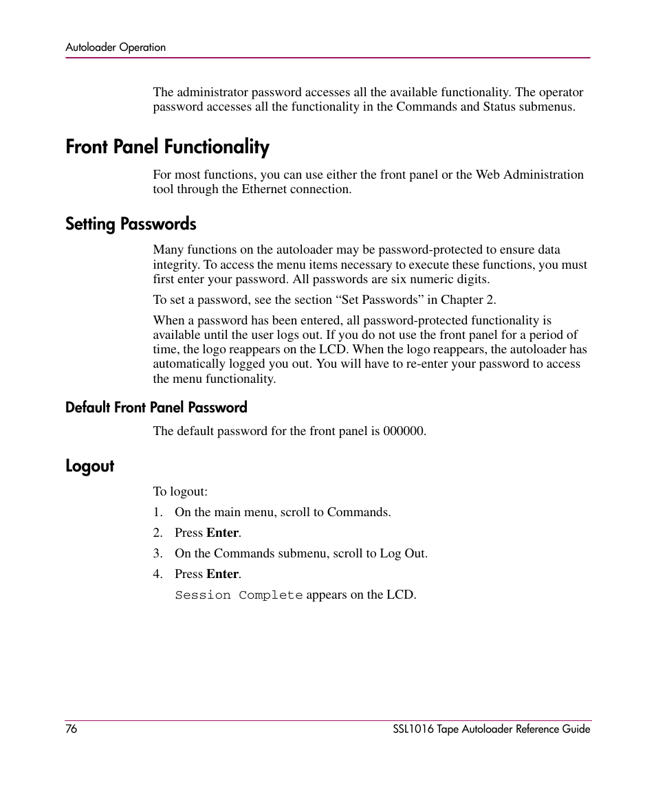 Front panel functionality, Setting passwords, Default front panel password | Logout | HP STORAGEWORKS SSL1016 User Manual | Page 76 / 160