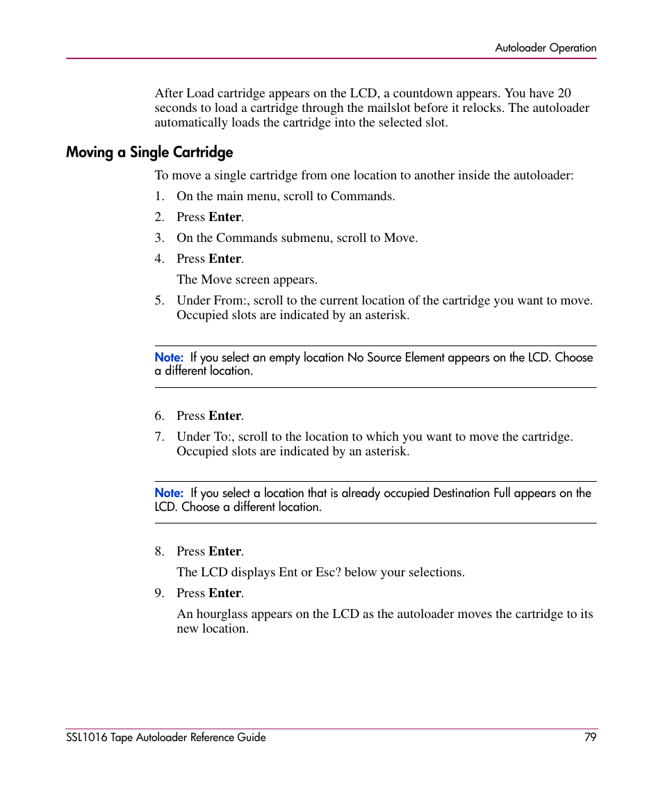 Moving a single cartridge | HP STORAGEWORKS SSL1016 User Manual | Page 79 / 160