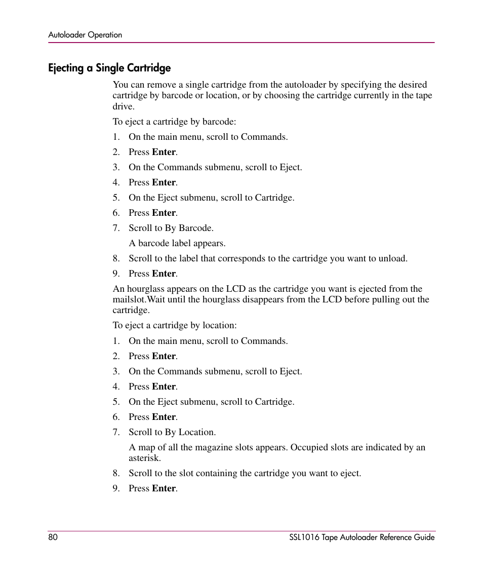 Ejecting a single cartridge | HP STORAGEWORKS SSL1016 User Manual | Page 80 / 160