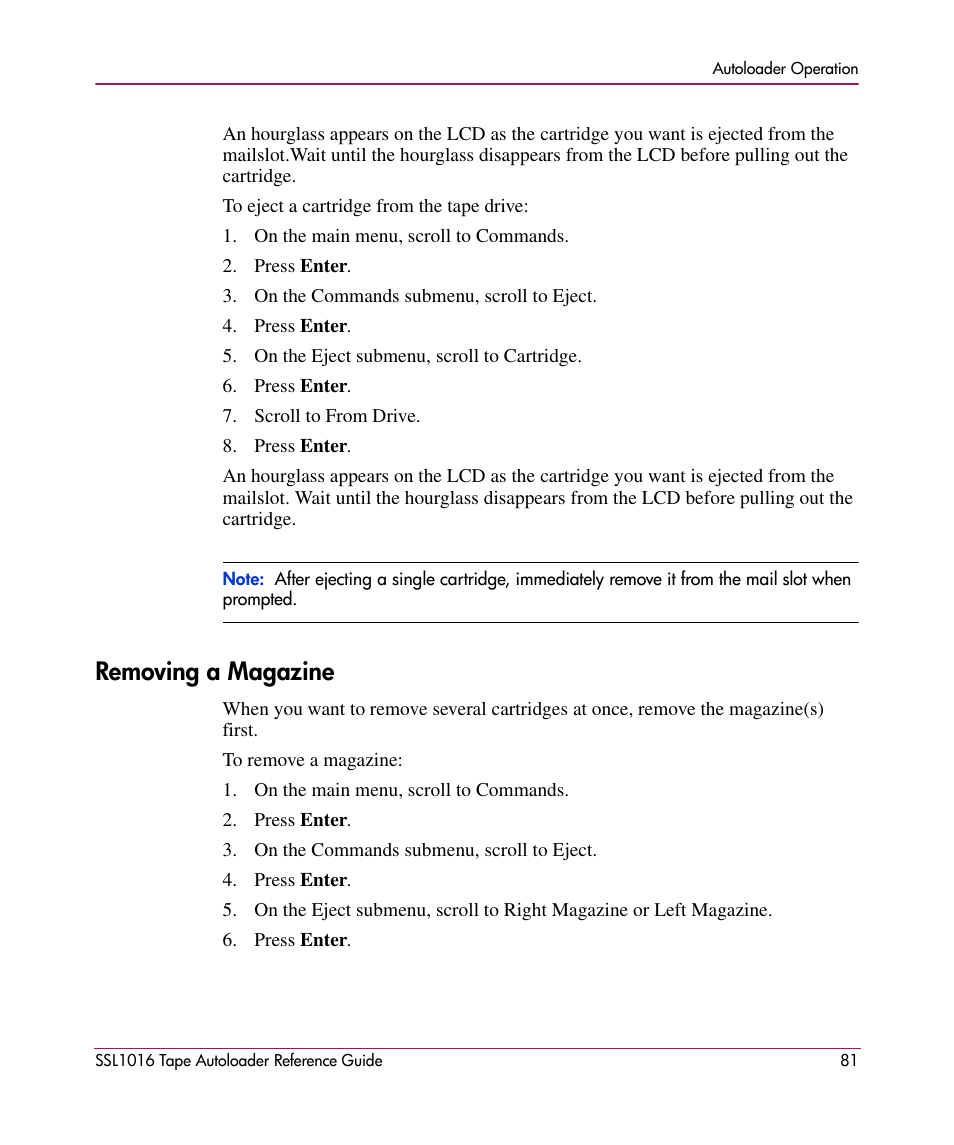 Removing a magazine | HP STORAGEWORKS SSL1016 User Manual | Page 81 / 160