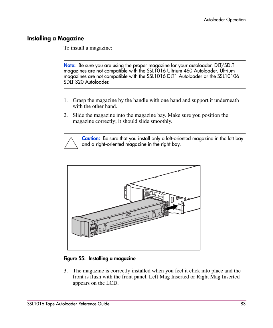 Installing a magazine | HP STORAGEWORKS SSL1016 User Manual | Page 83 / 160