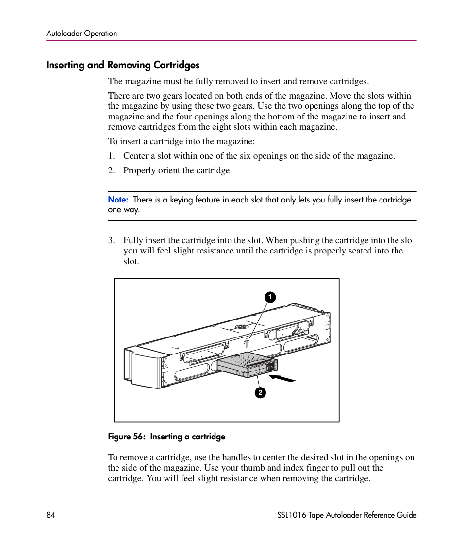 Inserting and removing cartridges | HP STORAGEWORKS SSL1016 User Manual | Page 84 / 160