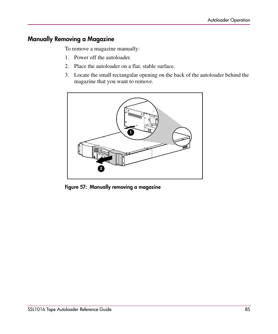 Manually removing a magazine | HP STORAGEWORKS SSL1016 User Manual | Page 85 / 160