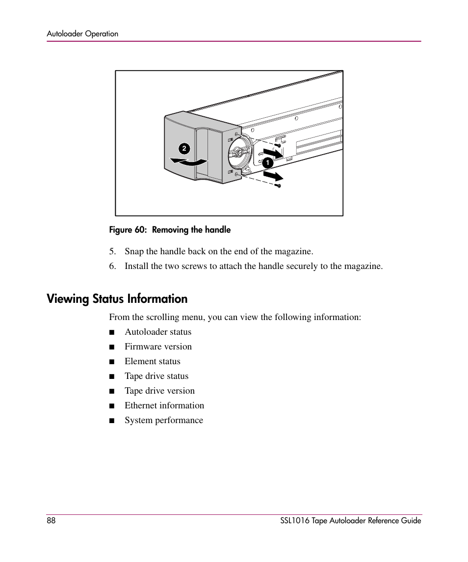 Viewing status information | HP STORAGEWORKS SSL1016 User Manual | Page 88 / 160