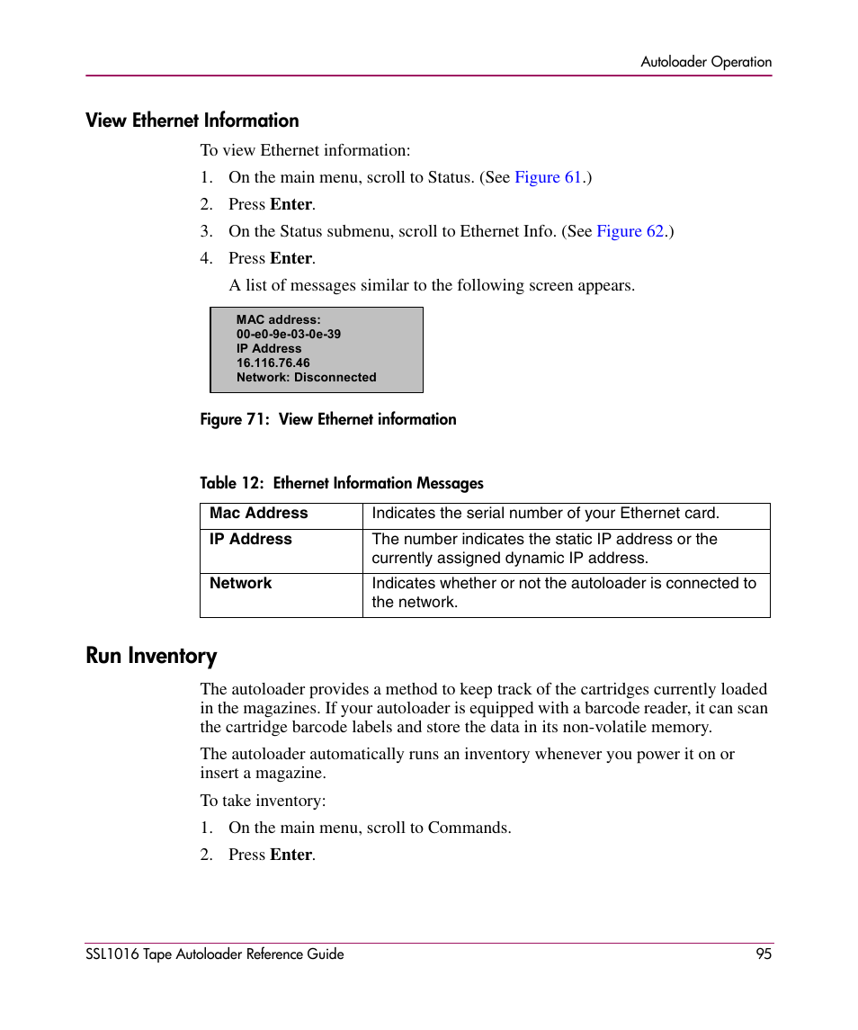 View ethernet information, Run inventory | HP STORAGEWORKS SSL1016 User Manual | Page 95 / 160