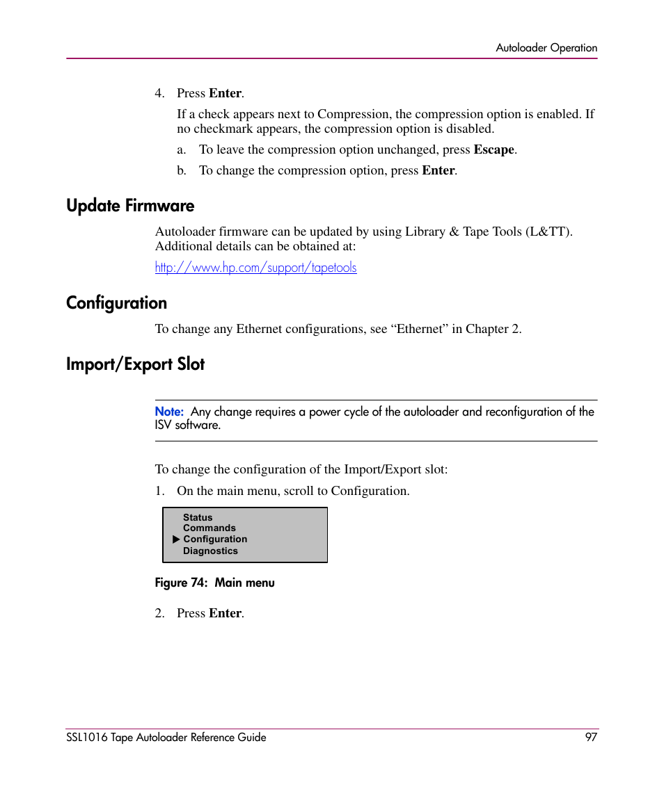 Update firmware, Configuration, Import/export slot | Update firmware configuration import/export slot | HP STORAGEWORKS SSL1016 User Manual | Page 97 / 160