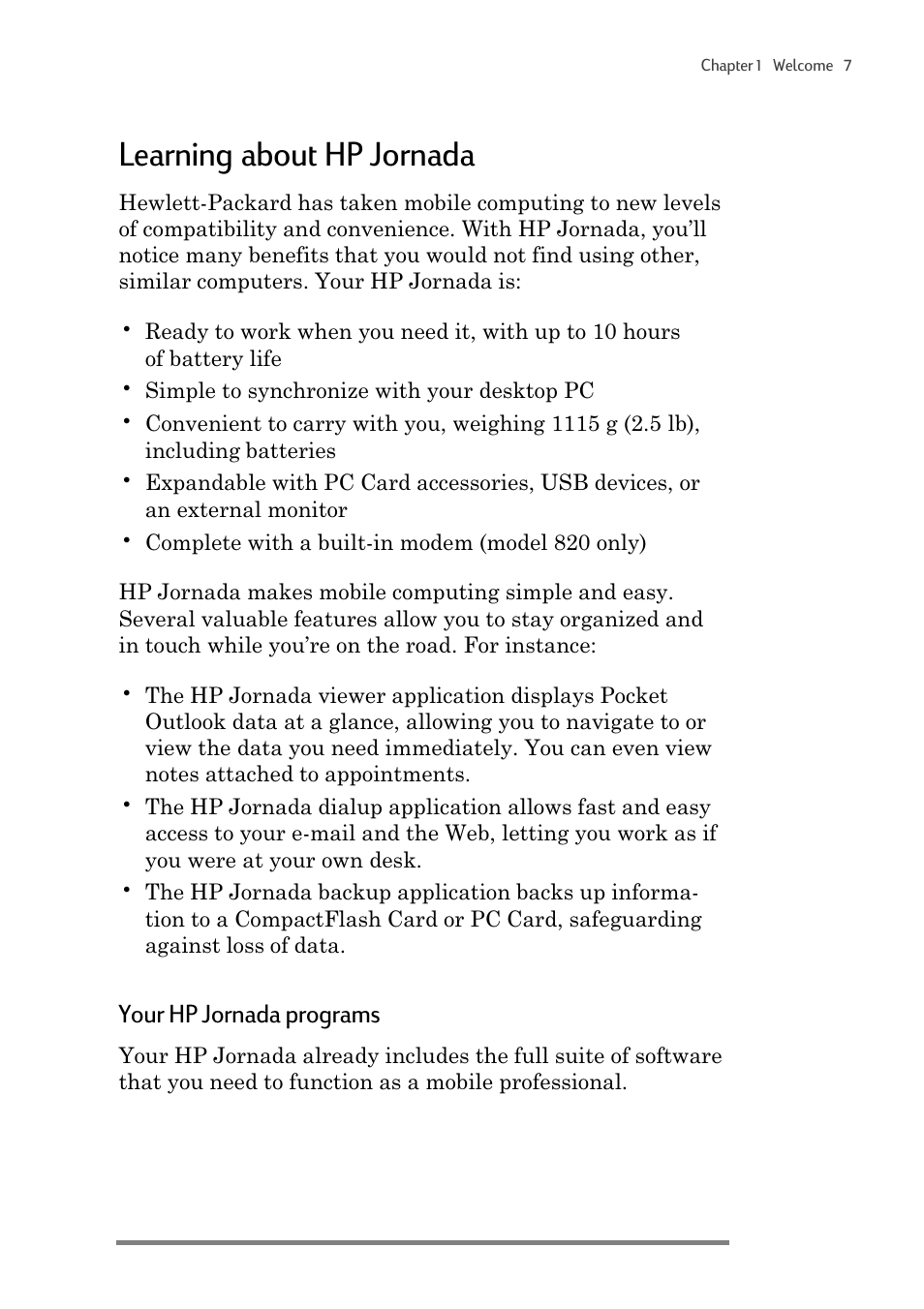 Learning about hp jornada, Your hp jornada programs | HP 820 User Manual | Page 11 / 186