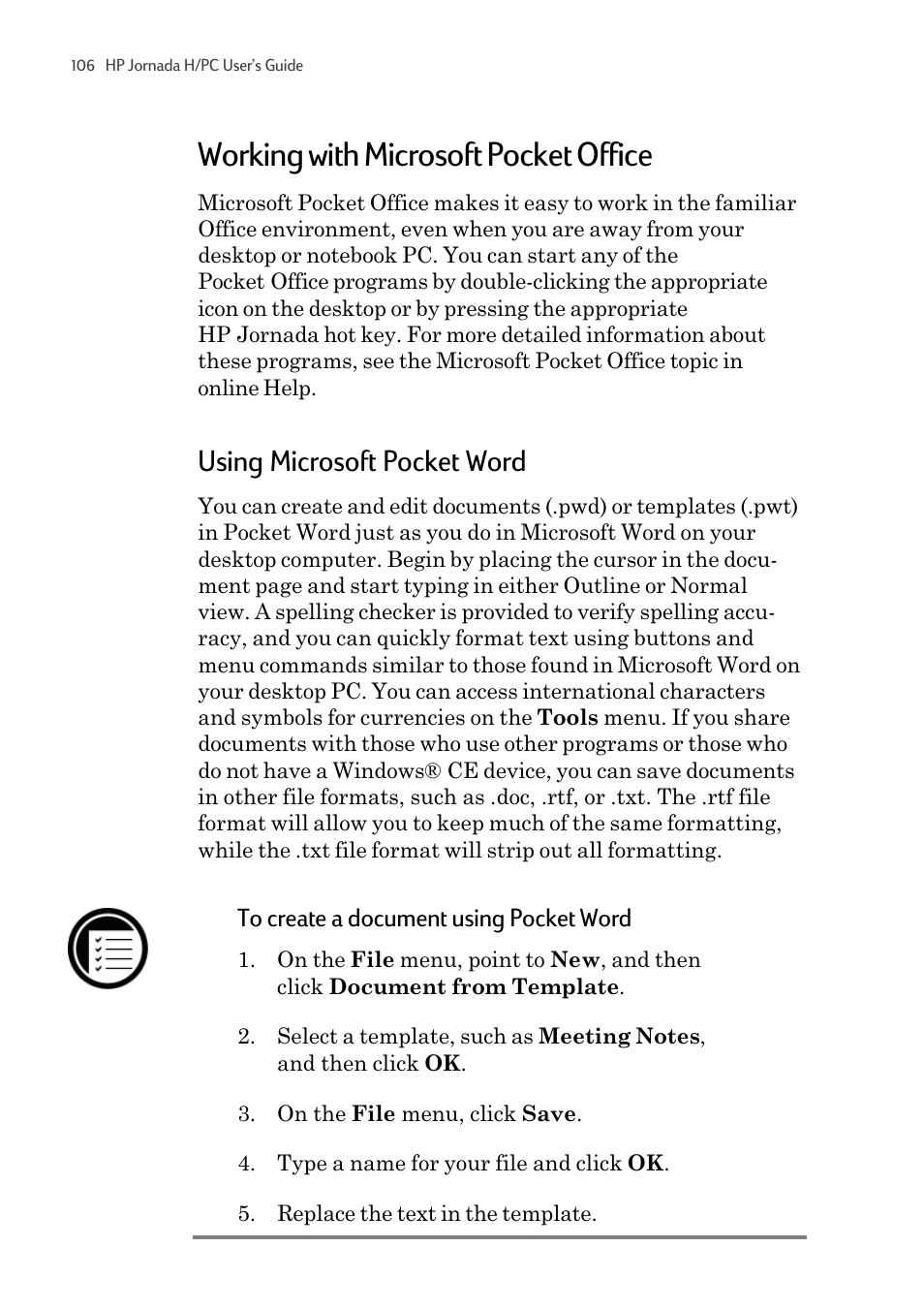 Working with microsoft pocket office, Using microsoft pocket word | HP 820 User Manual | Page 110 / 186