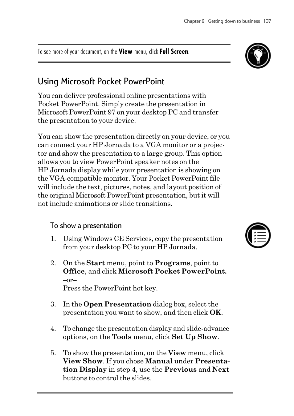 Using microsoft pocket powerpoint | HP 820 User Manual | Page 111 / 186