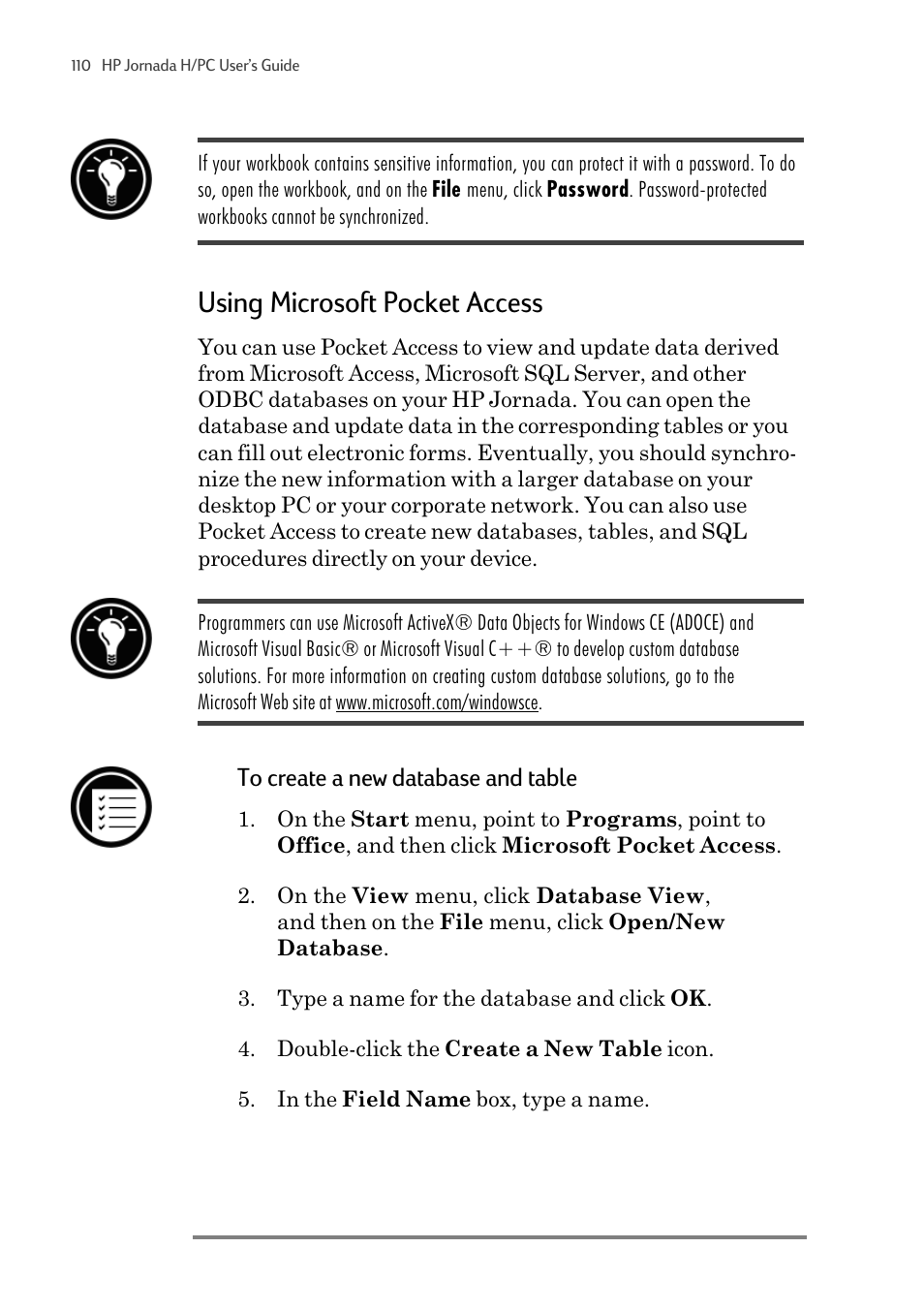 Using microsoft pocket access | HP 820 User Manual | Page 114 / 186