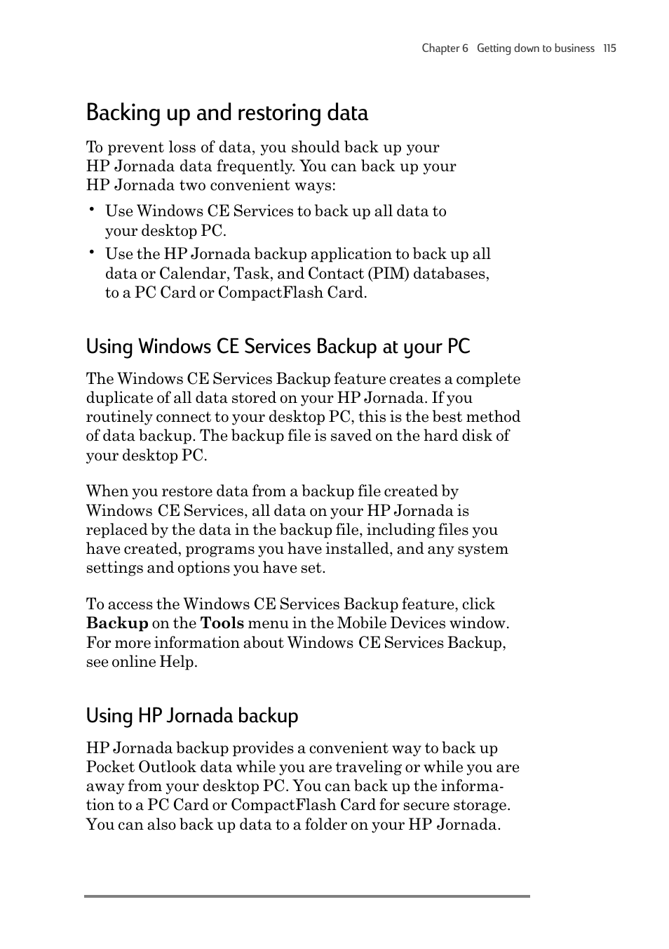 Backing up and restoring data, Using windows ce services backup at your pc, Using hp jornada backup | HP 820 User Manual | Page 119 / 186