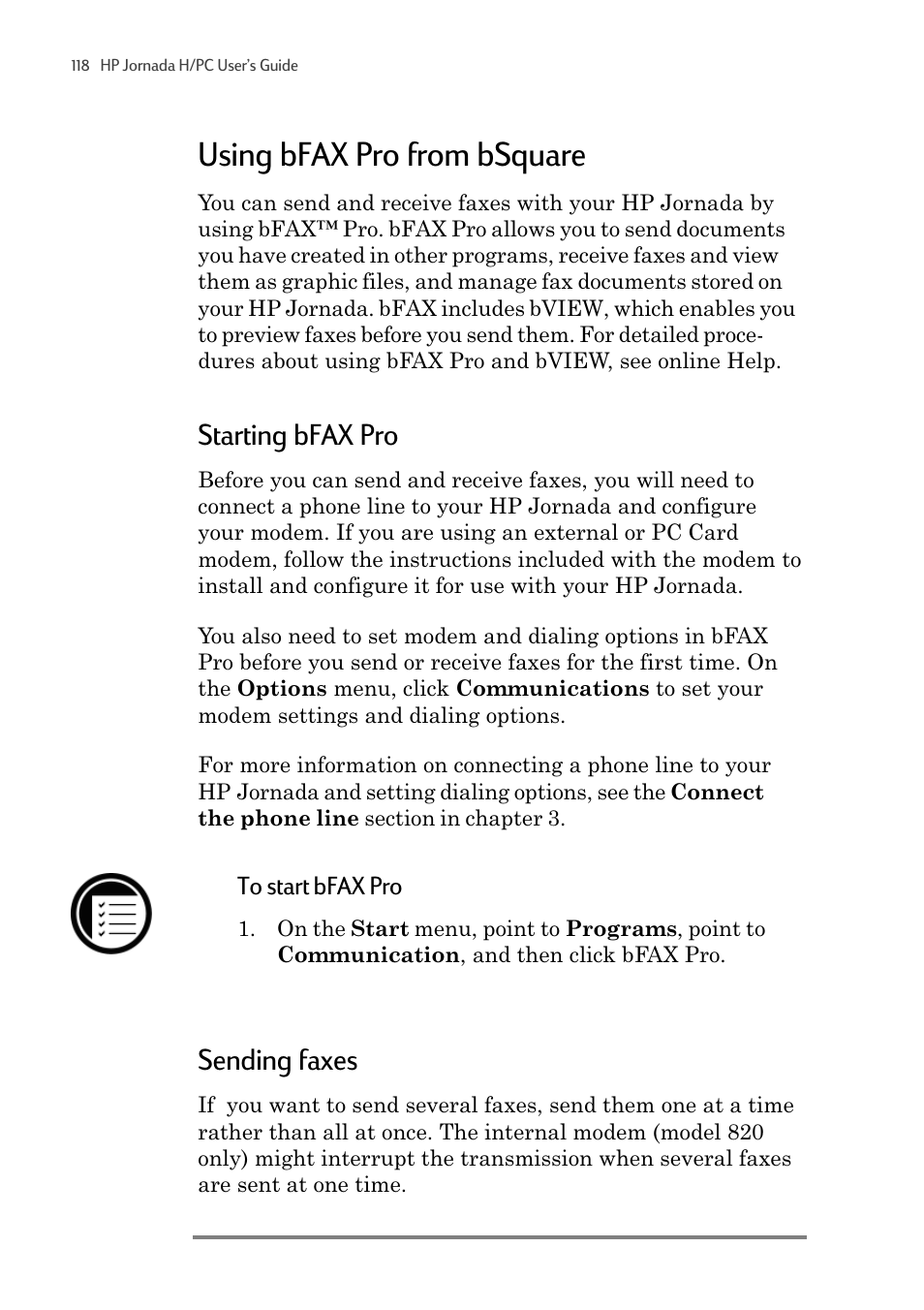 Using bfax pro from bsquare, Starting bfax pro, Sending faxes | HP 820 User Manual | Page 122 / 186