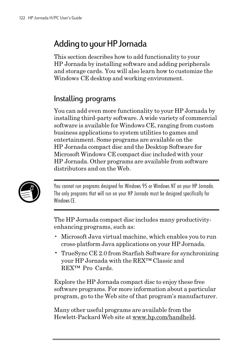 Adding to your hp jornada, Installing programs | HP 820 User Manual | Page 126 / 186