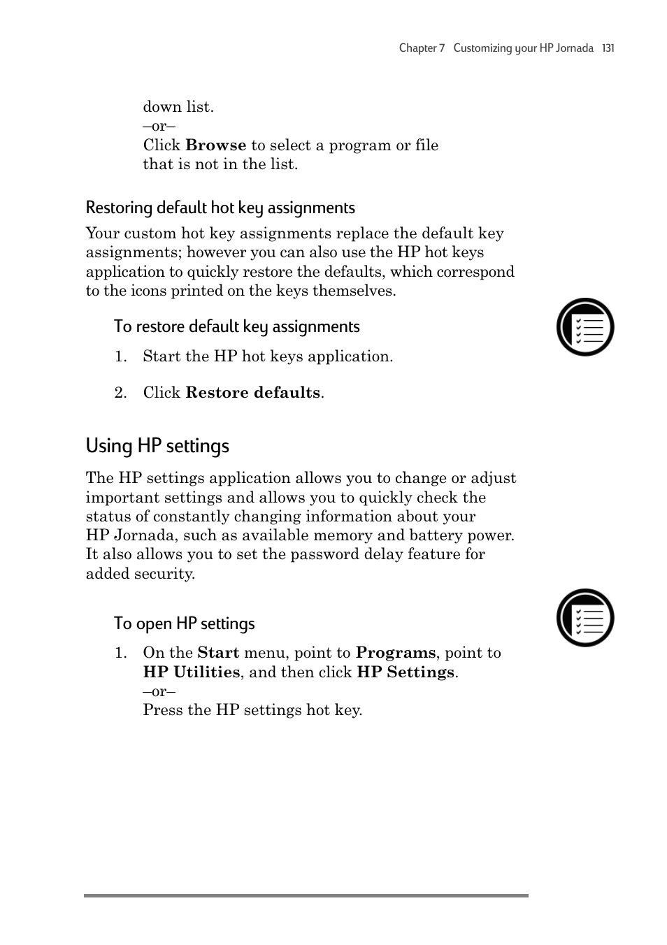 Using hp settings, Restoring default hot key assignments | HP 820 User Manual | Page 135 / 186