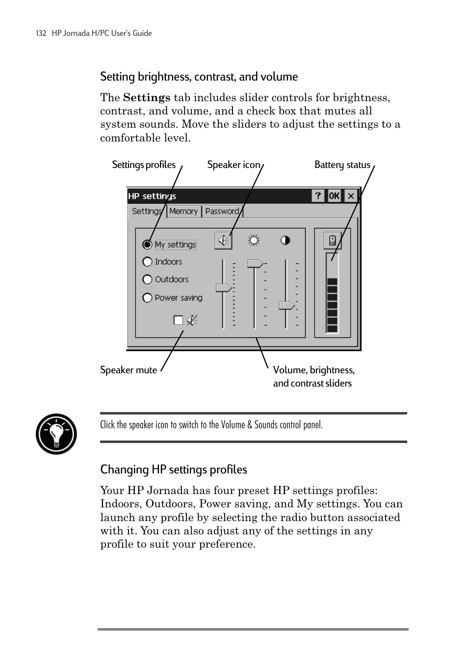 Setting brightness, contrast, and volume, Changing hp settings profiles | HP 820 User Manual | Page 136 / 186