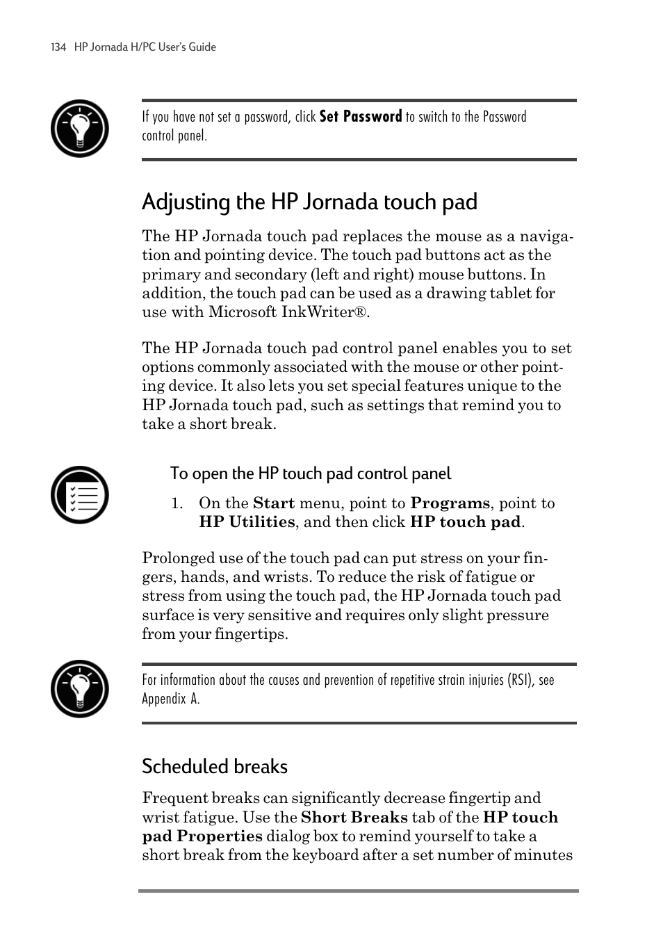 Adjusting the hp jornada touch pad, Scheduled breaks | HP 820 User Manual | Page 138 / 186