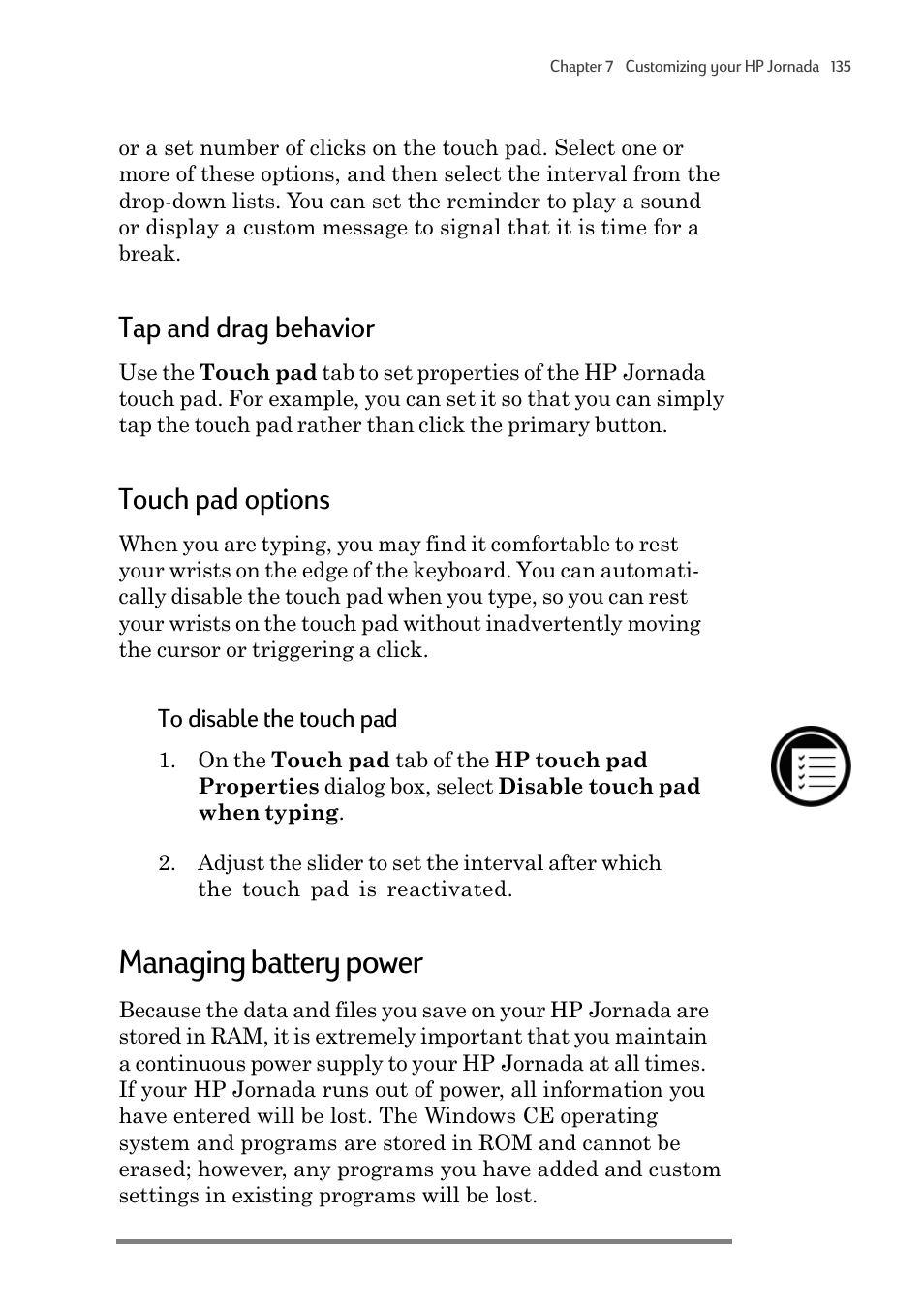 Managing battery power, Tap and drag behavior, Touch pad options | HP 820 User Manual | Page 139 / 186